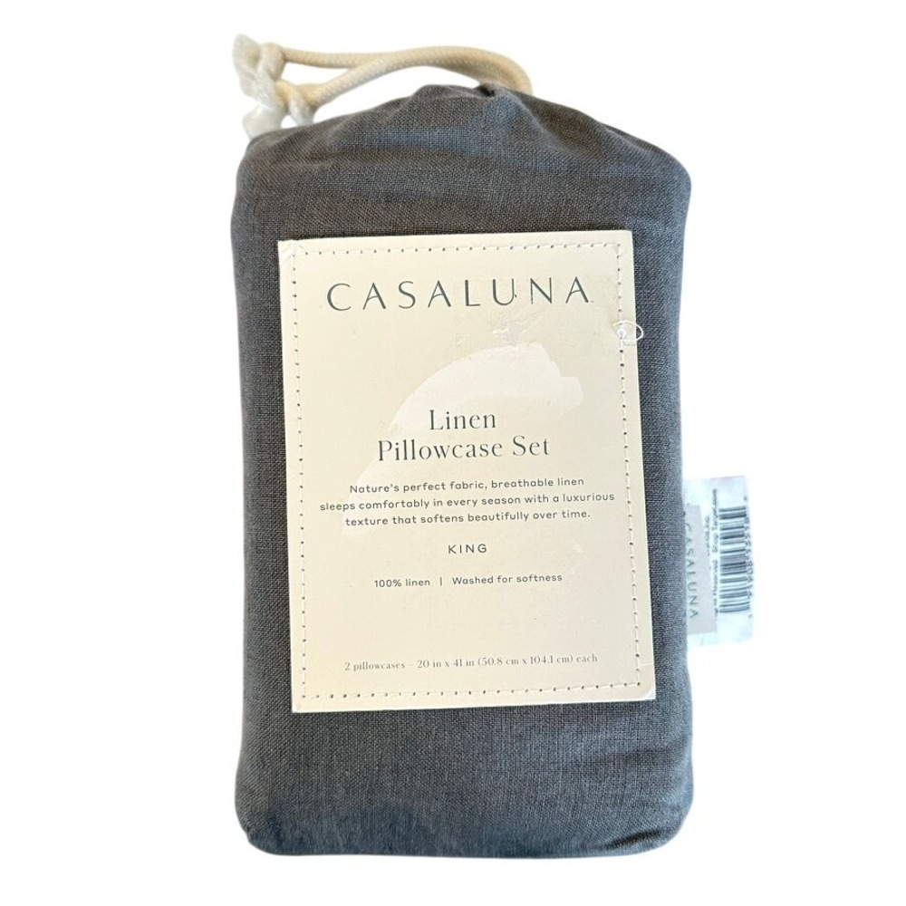 Casaluna King Size 100% Washed Linen Solid Pillowcase Set Dark Grey Set of 2 NWT